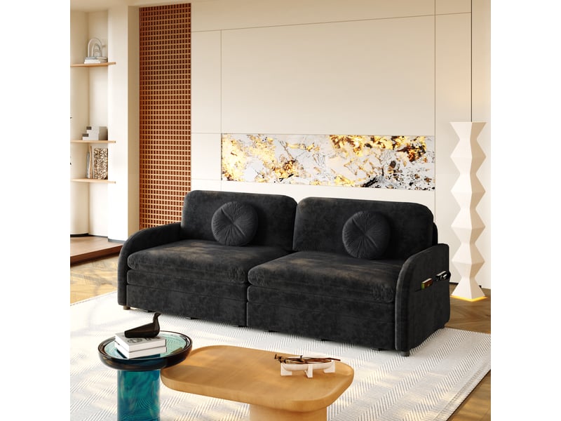  Canapé-lit 3 places 3 en 1 206 cm avec couchage king size, rangement latéral, méridienne et lit double extensible, chenille - noir  - Conforama C