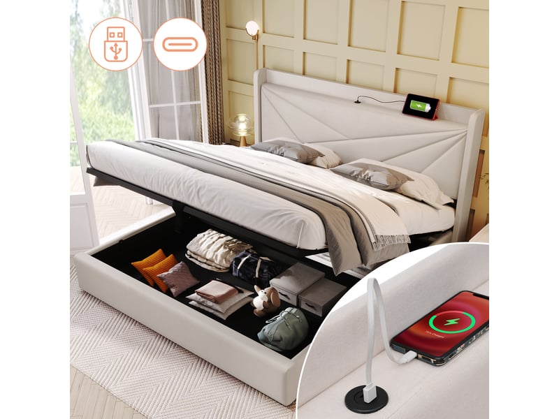  Lit coffre 160x200 cm lin gris - tête de lit avec chargeur usb-c, sommier inclus, sans matelas  - Conforama D