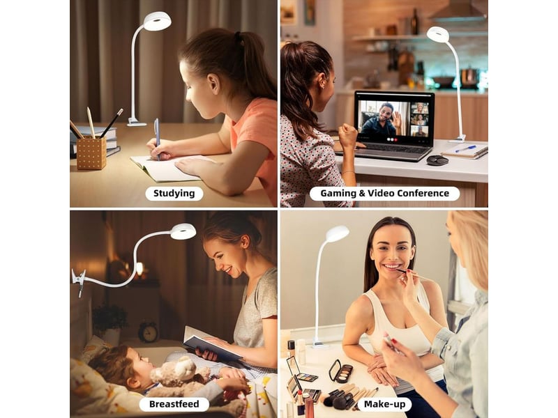  Lampe led clip – 10 niveaux luminosité, 5 modes couleur, flexible, lecture et chevet, pince pour lit, bureau, table, dortoir, lumière douce  - Conforama E