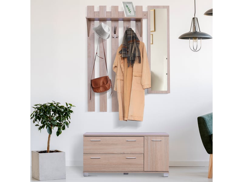  Ensemble d'entrée avec miroir, porte-manteau, étagère à chaussures, 3 crochets, étagère et 2 tiroirs, chêne  - Conforama C