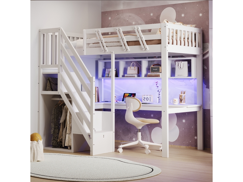 Lit mezzanine 90x200 cm - lit simple avec escalier de rangement et bureau intégré, led et usb - sans matelas - bois blanc  - Conforama D