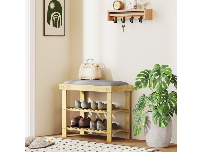  Banc à chaussures en bambou avec coussin, étagère à chaussures à 2 niveaux pour entrée ou chambre, 60 x 29 x 49 cm, gris  - Conforama C