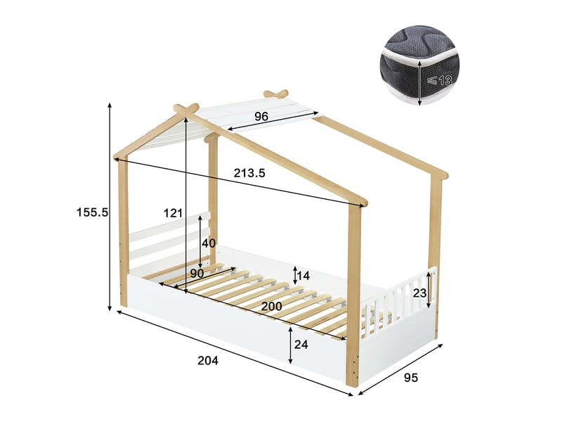  Lit cabane 90x200 cm, lit enfant pour chambre de garçon et fille style scandinave, en bois de pin massif et mdf, sommier à lattes, blanc et naturel  - Conforama E