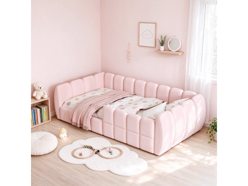 Lit au sol enfant 90x200 cm rembourré en velours, barrières de protection intégrales et angles arrondis, pour chambre d’enfant - rose - Conforama E