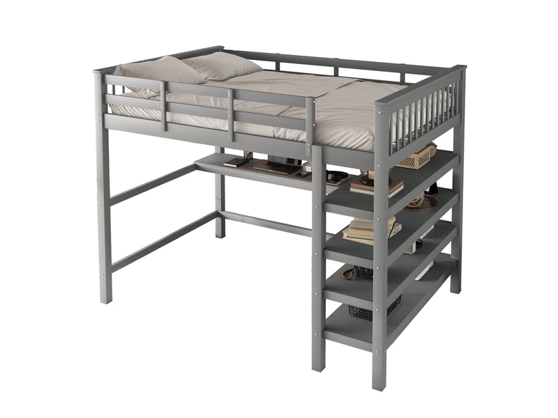 Lit mezzanine enfant 140x200 cm, table, étagère, garde-corps, sommier, pin gris, sans matelas - Conforama A