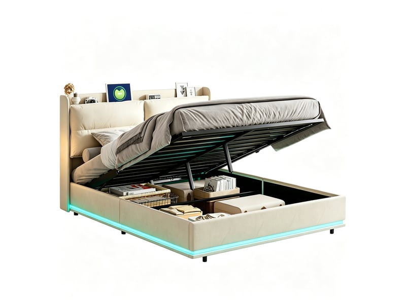  Lit 2 places 160x200cm,lit coffre hydraulique,tête de lit avec rangement,éclairage led rgb,revêtement velours beige,adapté chambre adulte et adolescent  - Conforama A