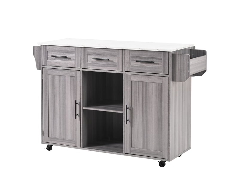  Îlot de cuisine gris avec plateau rabattable et effet marbre blanc, chariot de service avec rangement, 139x46x91.5 cm  - Conforama A