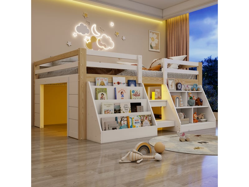  Lit mezzanine enfant 140x200cm en pin avec compartiments ouverts et led,lit superposé double avec échelle et barrières de sécurité,sans matelas-blanc+naturel  - Conforama B
