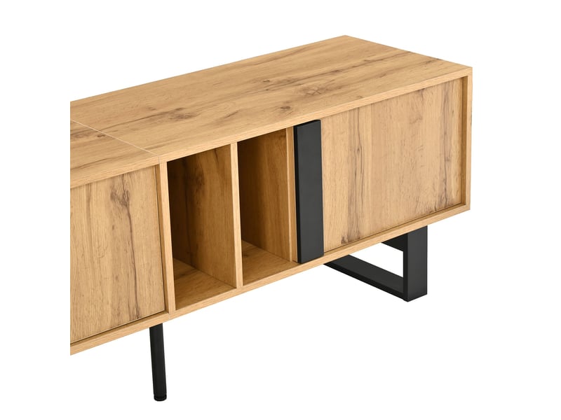  Meuble tv avec rangement, 3 portes et niches ouvertes, buffet bas salon en bois avec pieds métal noir, design industriel moderne  - Conforama D