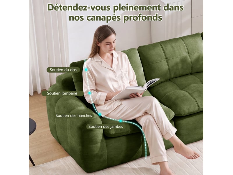 Canapé modulable en u 4 places avec 2 ottomans sans cadre, en chenille verte - Conforama E