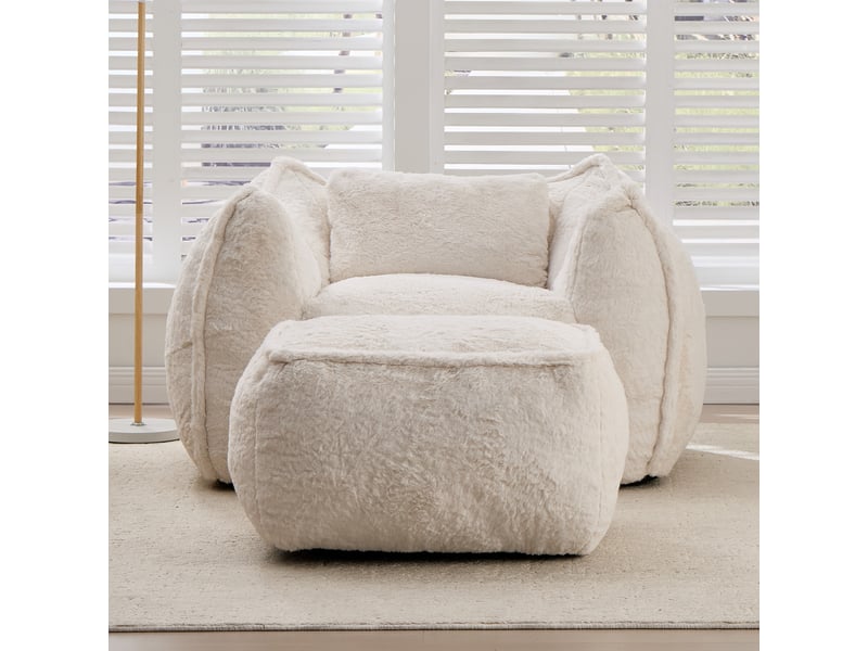  Canapé compact salon, canapé décoration, 123x157x73 cm, 2 personnes, faux fur polyester, poufs multifonctions inclus, livré en un seul colis, sans assemblage, adapté aux appartements et petits espaces, beige CozyNest - Conforama C