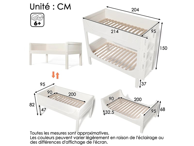  Lit superposé séparable 90x200 blanc forme traîneau avec échelle  - Conforama C