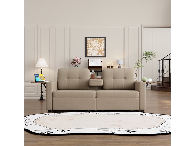  Fauteuil 2 places - 178x71x57.5 cm - canapé en tissu chenille avec table pour ordinateur, tiroirs et porte-gobelets - jaune clair  - Conforama C