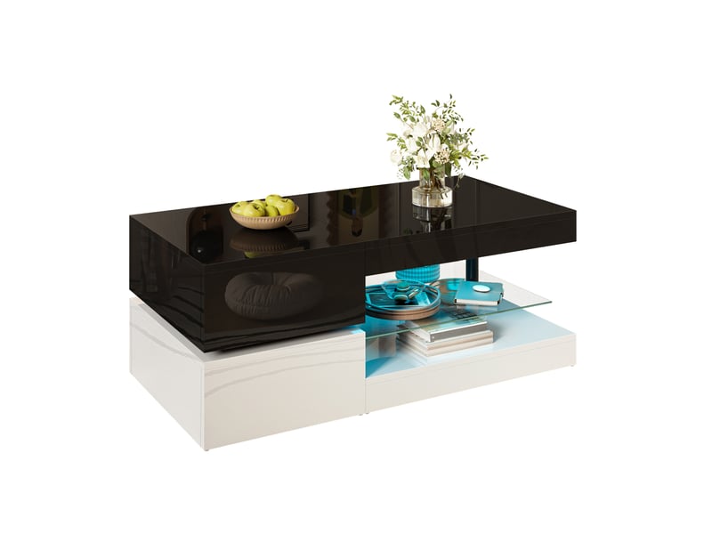  Table basse rectangulaire 90x45x35,5 cm avec led, étagère en verre, design contrasté noir et blanc, salon, aggloméré  - Conforama A