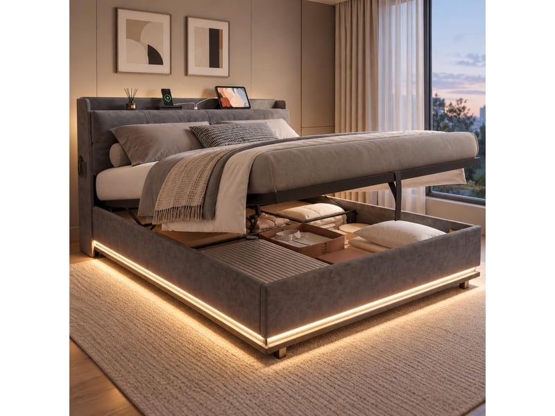  Lit coffre 140x190 cm, lit double avec led rgb, chargement usb, avec levier hydraulique, sommier à lattes, en velours, gris  - Conforama B