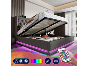 Lit double rembourré 160*200 cm-lit coffre hydraulique-ttête lit moelleuse-charge rapideusb type-c-led entourer(sans matelas)-gris