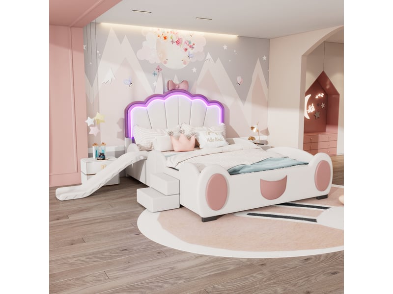  Lit enfant 140×200 cm avec toboggan et échelle, télécommande led, sans matelas, rose et blanc  - Conforama B