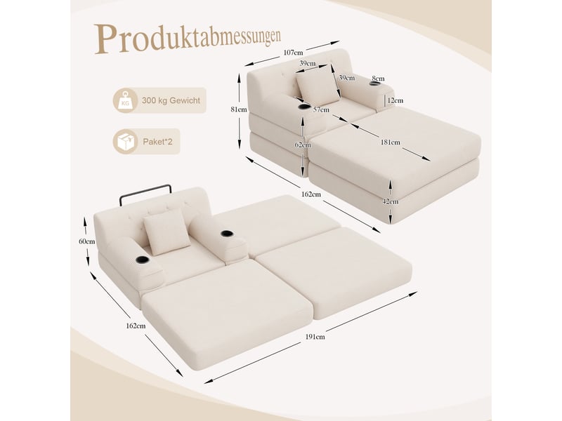  Fauteuil convertible 1 place avec dossier haut, 2 porte-gobelets et 4 poches latérales, en velours côtelé beige  - Conforama D