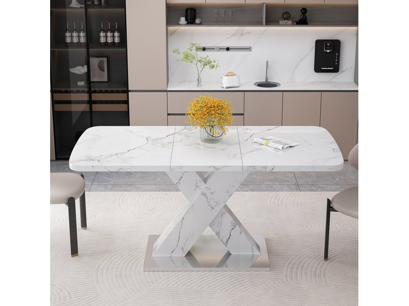  Table de salle à manger extensible avec plateau effet marbre et base en métal pour salle à manger 160 × 80 × 76,5 cm  - Conforama C