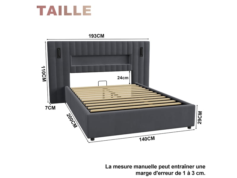  Lit pour enfant 140 × 200 cm 2 places avec matelas et veilleuses, lit rembourré avec compartiment de rangement et éclairage led, lit avec coffre de rangement, gris  - Conforama D