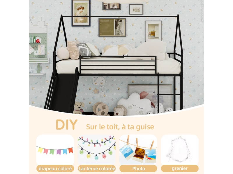  Lit superposé 90×190 cm 2 places avec toboggan, escalier et barrières en métal noir sans matelas  - Conforama C