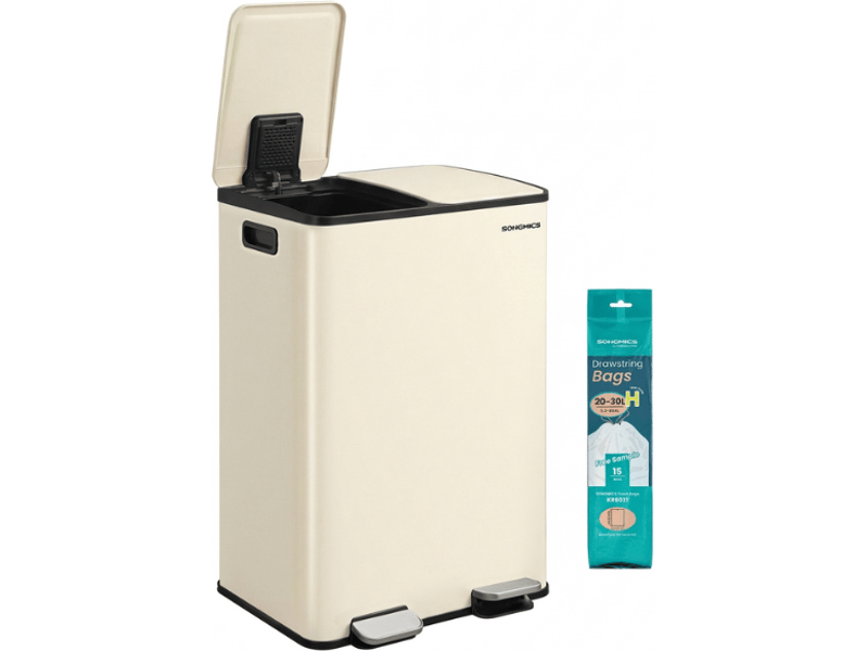  Poubelle de cuisine à pédale 47,6 x 37,7 x 66,9 cm 2 compartiments pratique avec couvercle fermeture douce en acier crème 12_0012296  - Conforama A