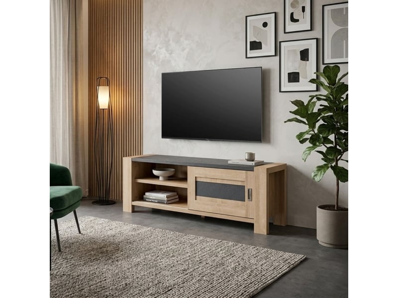  Meuble tv 1 porte coulissante finition chêne et gris ardoise - olympe OLYMPE - Conforama B
