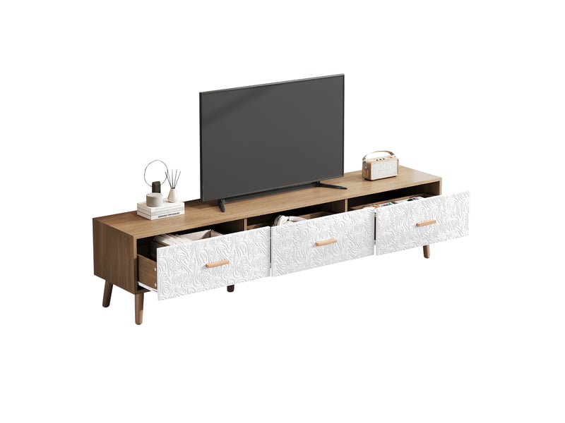  Meuble tv vintage bois clair 150 cm avec 3 tiroirs et portes texturées blanches, supporte 60 kg pour salon  - Conforama A