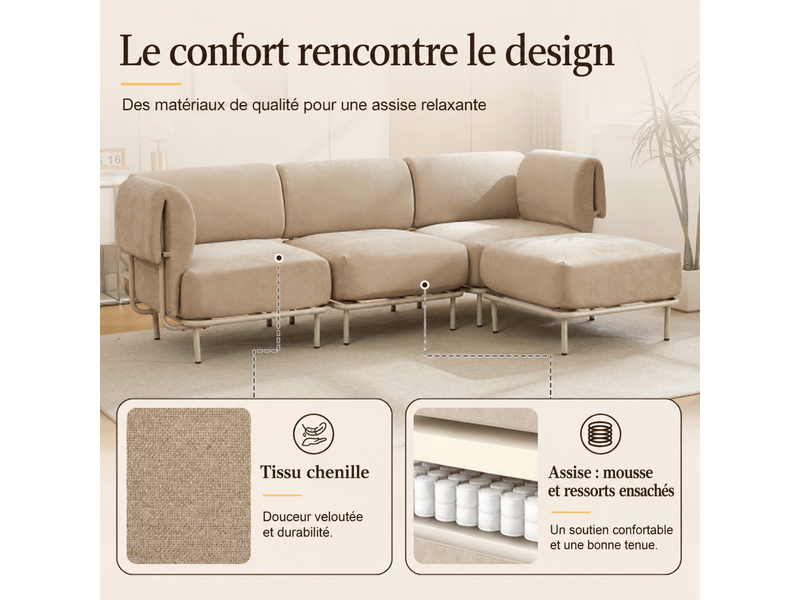 Canapé d’angle modulable 3 places 251x155x78 cm, avec pouf repose-pieds indépendant, style scandinave, en chenille kaki  - Conforama E
