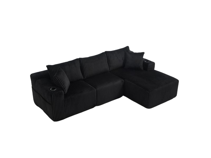  Canapé modulable modenvie 3 places avec méridienne, velours côtelé noir, 5 coussins, poches latérales et porte-gobelets  - Conforama A
