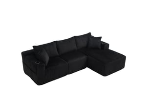 Canapé modulable modenvie 3 places avec méridienne, velours côtelé noir, 5 coussins, poches latérales et porte-gobelets