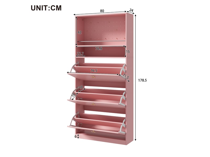 Meuble à chaussures 80x24x178,5 cm avec 3 abattants et 2 étagères, rose - Conforama C