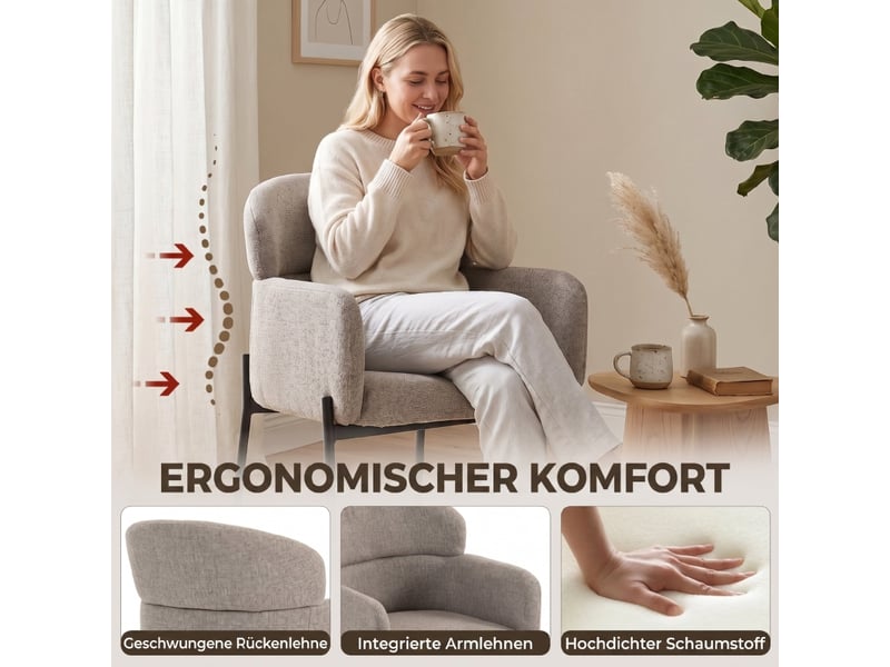  Fauteuil lounge avec dossier ergonomique et accoudoirs, pieds métalliques, en polyester chenille marron clair  - Conforama E