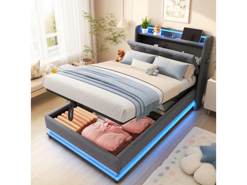  Lit coffre simple 90×200 cm en tissu gris avec led, 3 usb, type-c et rangements, matelas non précisé  - Conforama C