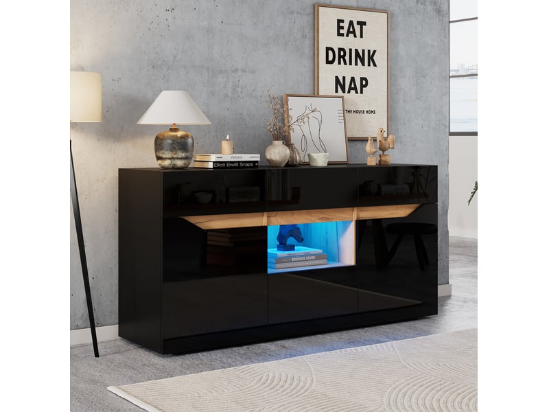  Buffet bas 140 cm avec 4 tiroirs et led noir et bois cravdom  - Conforama D