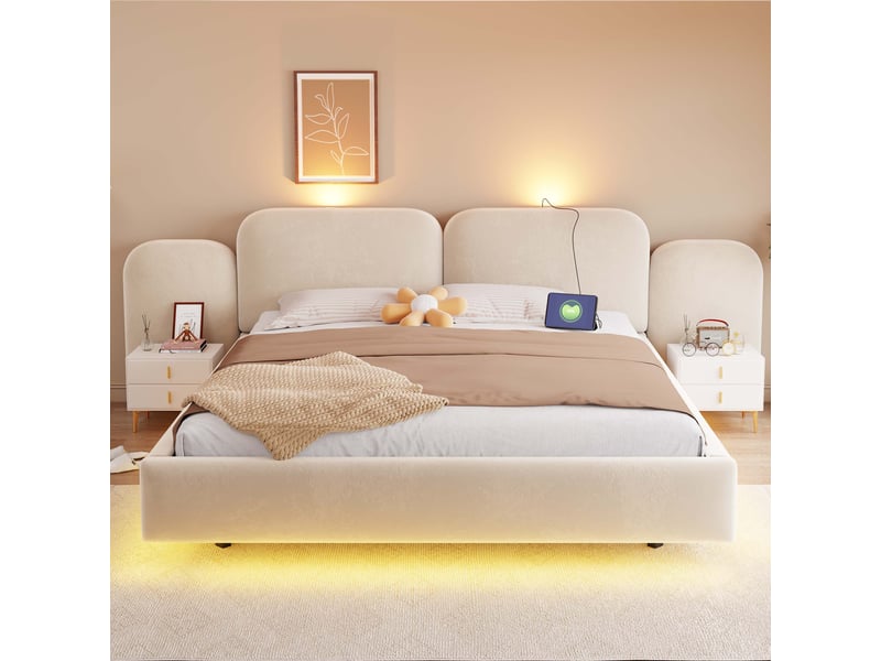  Lit double coffre 180x200 cm - lit coffre avec rangement hydraulique - led rgb, usb &amp; type-c - beige  - Conforama W
