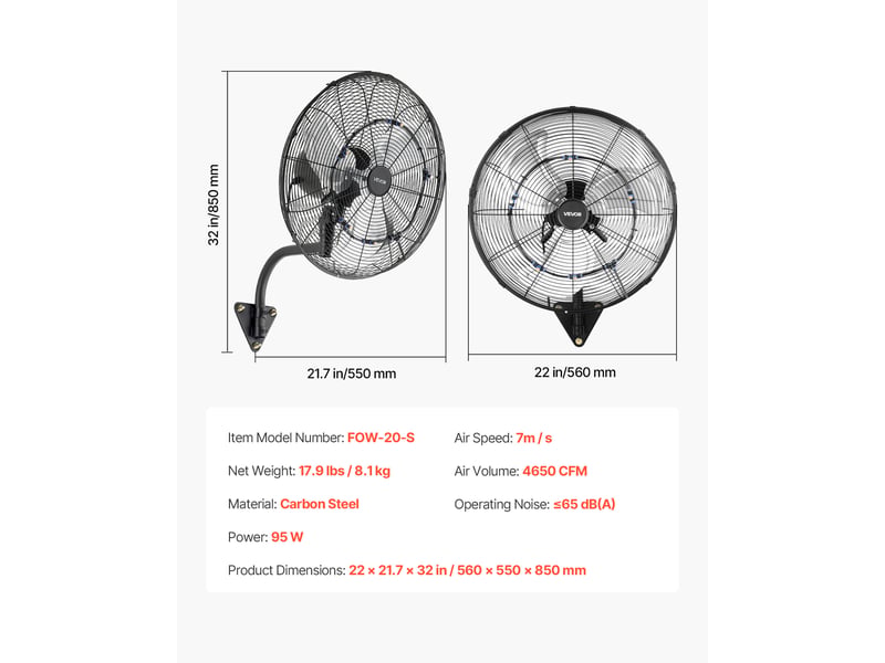 Vevor ventilateur mural industriel brumisateur 50,5 cm, oscillant, télécommande, ip44, 3 vitesses, minuterie 18 h, contrôle température FOW-20-S - Conforama C