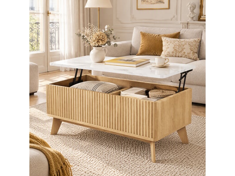  Table basse relevable salon avec rangement caché- plateau imitation marbre - panneaux cannelés verticaux  - compartiment de stockage - table basse multifonction - style scandinave mid-century - bois naturel  - Conforama E