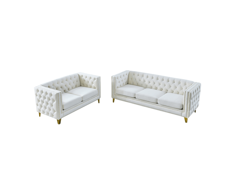 Canapé chesterfield beige en velours, 204,4 x 224,7 x 73,6 cm, pieds dorés, boutons capitonnés, clous dorés  - Conforama A