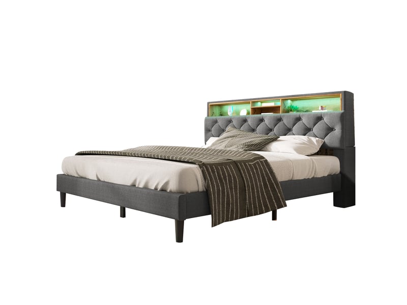  Lit capitonné 140*200cm avec rangement de tête, éclairage led et lattes bois, gris, sans matelas  - Conforama A