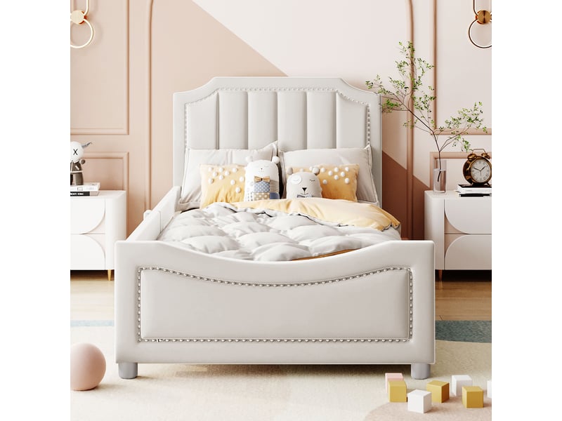  Lit enfant 90x200 capitonné beige - banquette lit avec dossier flanelle - sommier inclus  - Conforama B