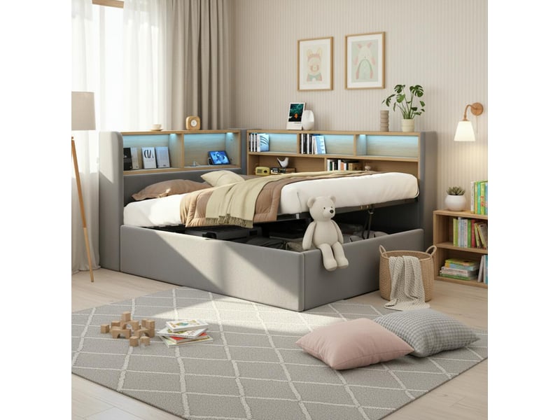  Lit enfant rangement hydraulique, led et usb en velours gris  - Conforama D