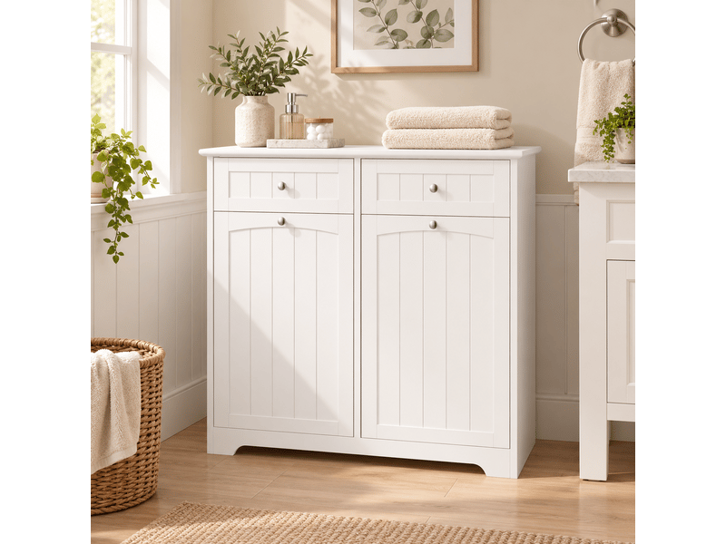  Meuble de salle de bain et buanderie 78x38x90 cm sur pieds, panier à linge basculant, 2 tiroirs, 2 sacs à linge amovibles, mdf - blanc  - Conforama C