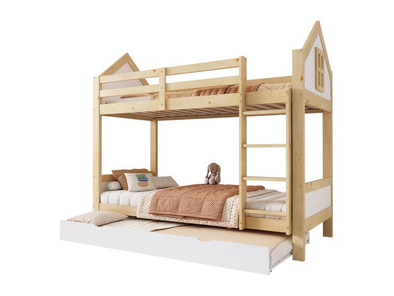  Lit superposé enfant 90 x 200 cm avec lit gigogne 90 x 190 cm, 3 couchages, échelle et barrières, blanc et naturel  - Conforama A