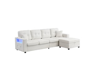 Canapé d'angle panoramique convertible <strong>SAPGAKS</strong> <strong></strong> 4 places Coton / Lin beige avec coffre de rangement