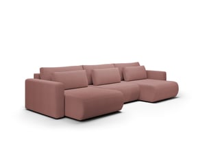 Canapé d'angle panoramique convertible 5 places Tissu rose avec coffre de rangement