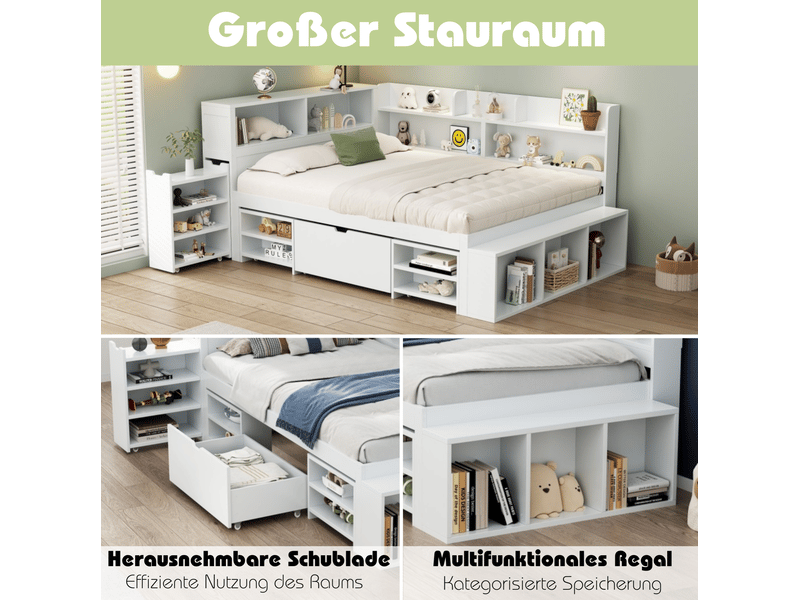  Lit simple enfant 90x200 cm – blanc – tiroir, étagères, rangements et sommier à lattes - sans matelas  - Conforama E