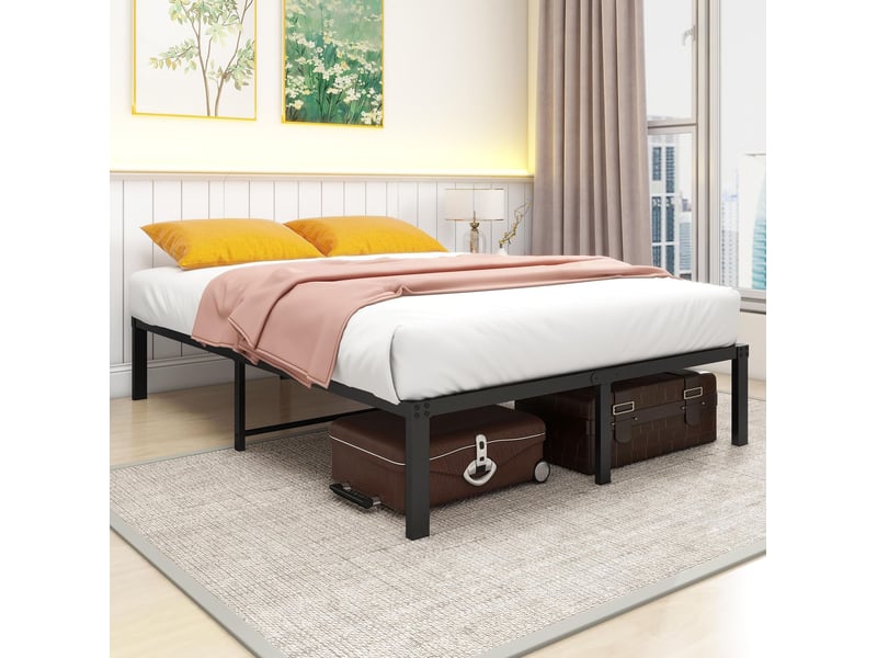 Lit double 140 × 200 cm en métal avec sommier à lattes silencieux et rangement sous le lit, chambre, noir - Conforama E