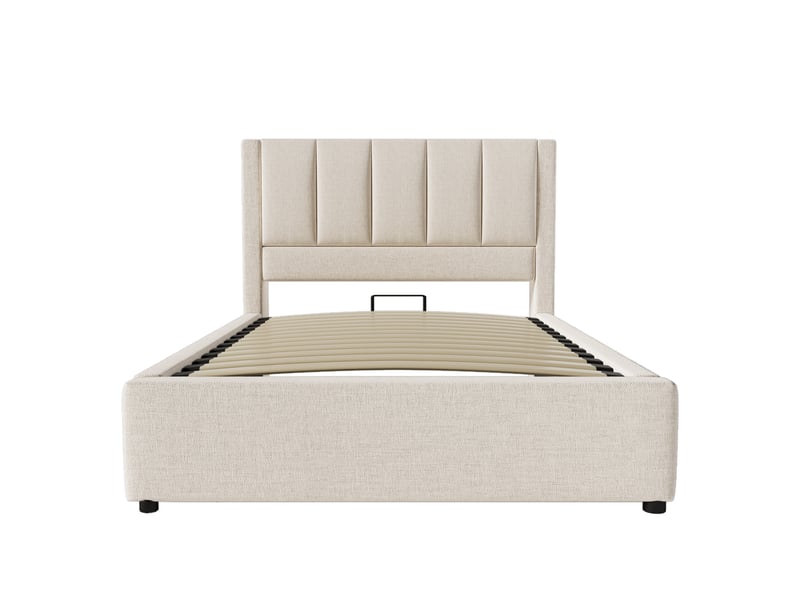 Lit coffre 90 × 200 en lin beige, porte-gobelet discret, usb et usb-c IKSETERA TRADING LTD - Conforama R