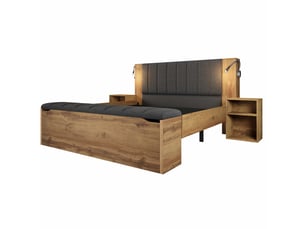 Lit 160x200 cm en bois chêne avec tête de lit escamotable en lin, tables de nuit, banc et matelas inclus